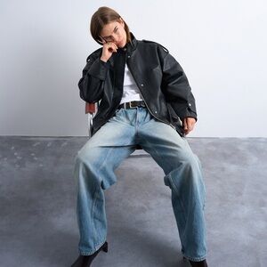 Topshop faux leather short belted funnel neck bubble bomber jacket in black